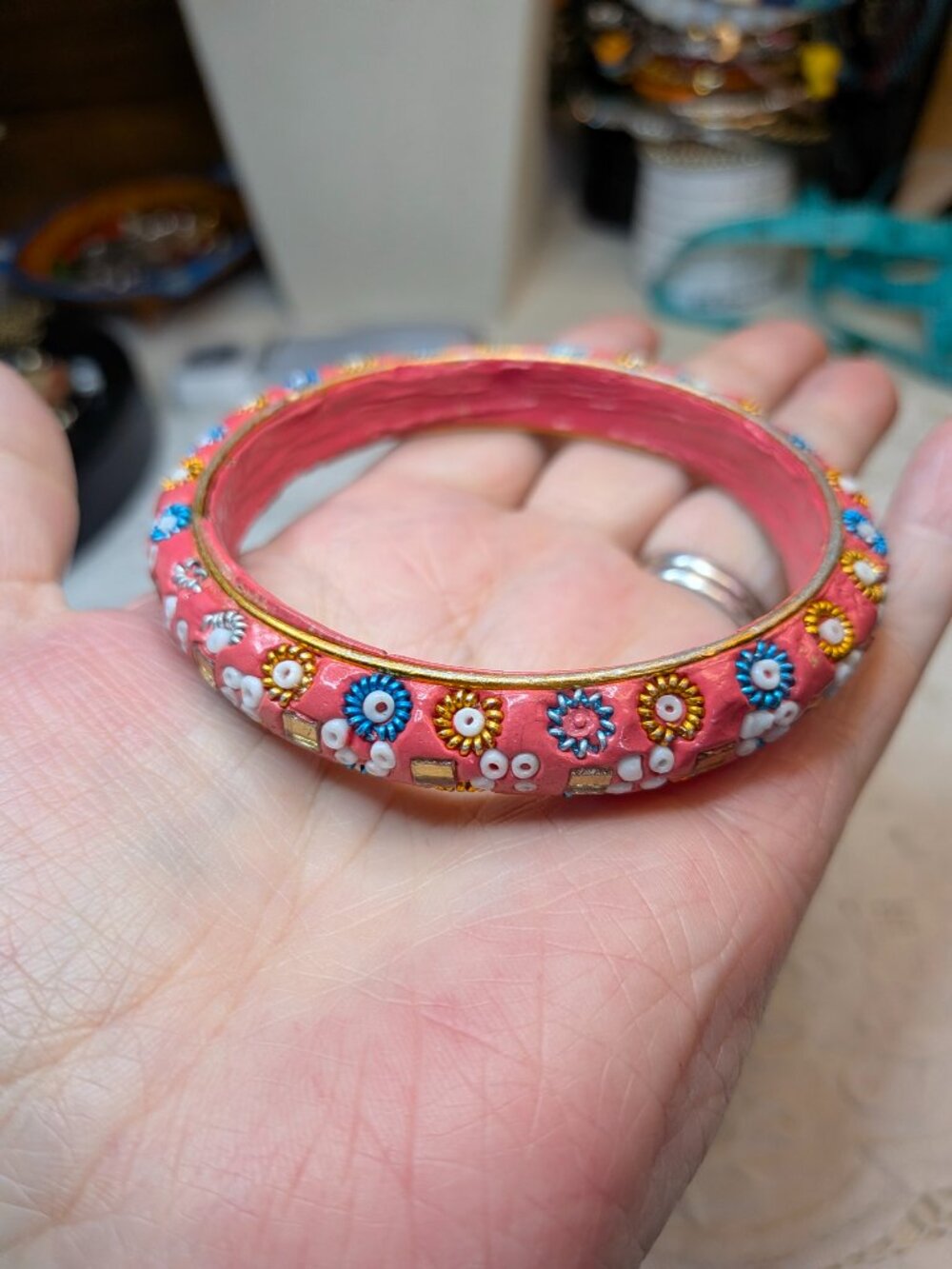 Vintage Indian Lac Bangle Bracelet – Coral Pink with Shisha Mirror & Beadwork